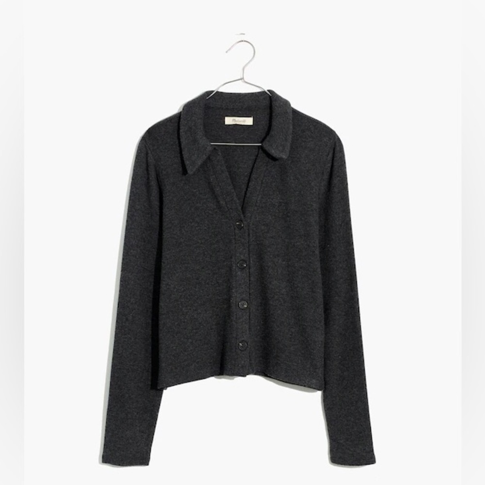 Madewell Gray Polo Sweater Cardigan Crop Ribbed Knit Collared Long Sleeves S - Picture 4 of 7